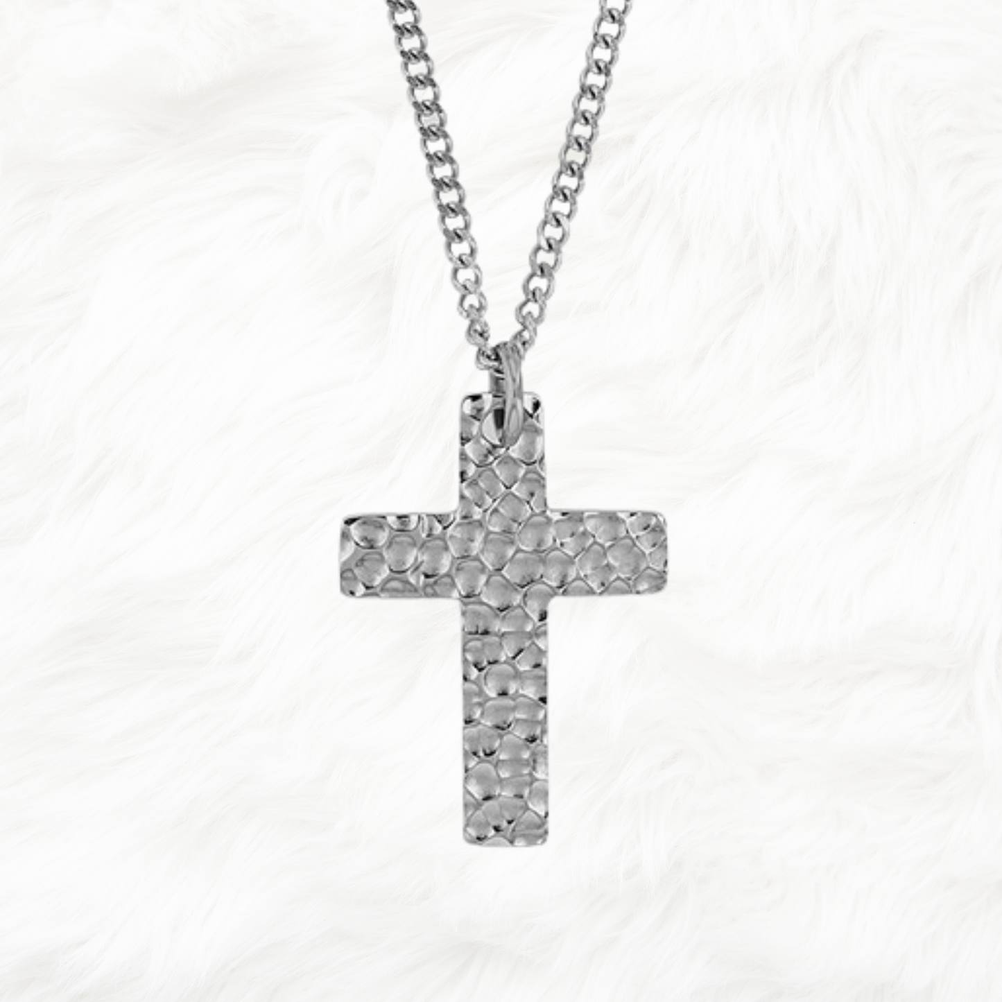 Collier croix martelé acier brillant