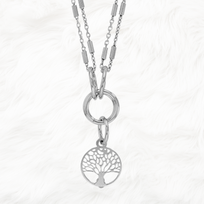 Collier deux rangs avec un cercle orné d'un arbre de vie, argent 925 doré